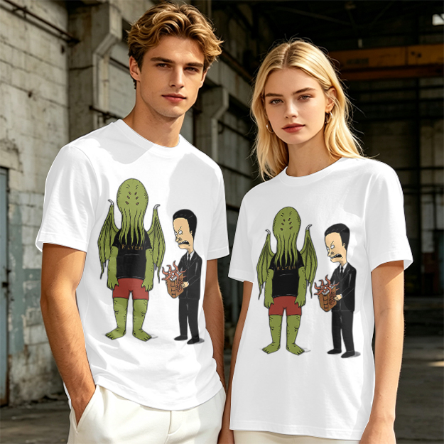 Olive T-Shirt Featuring Cthulhu and Beavis in Suits Graphic