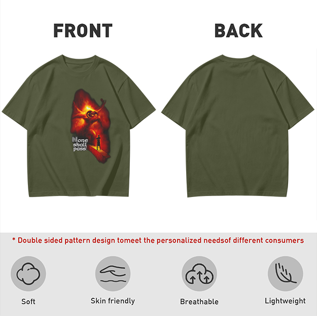 Olive T-Shirt with 'None Shall Pass' Fire Demon Graphic
