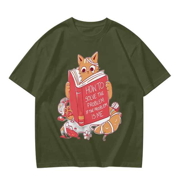 Olive T-Shirt With Ginger Cat Reading Self-Help Book Print
