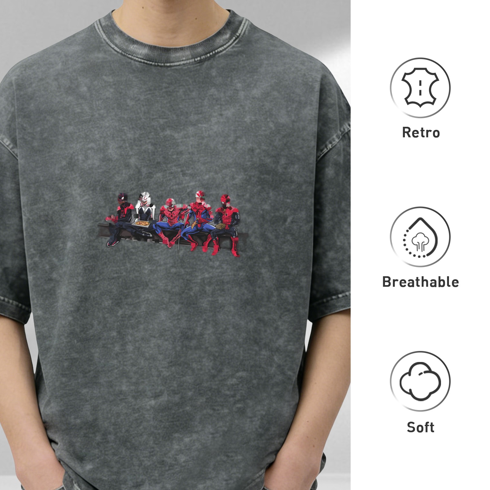 Washed distressed black Spider-Man themed printed short-sleeved T-shirt