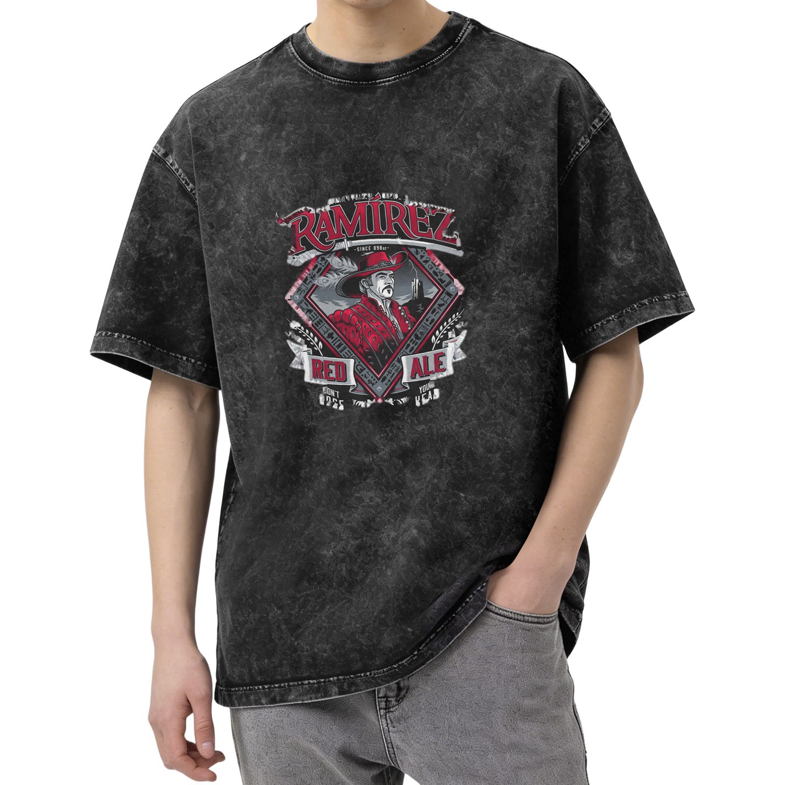 Oversized Acid Wash T-Shirt with Ramirez Red Ale Graphic