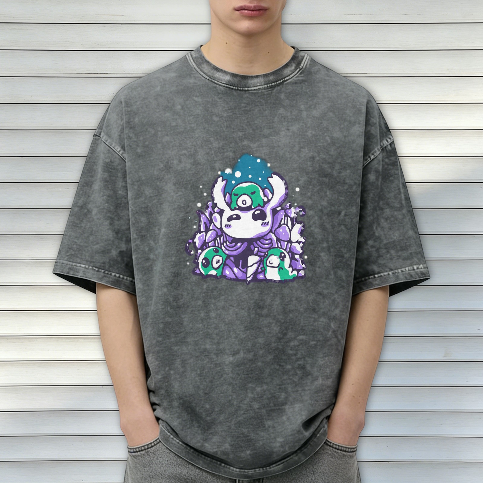 Oversized dark acid wash t-shirt with cute cartoon ghost and slime graphic