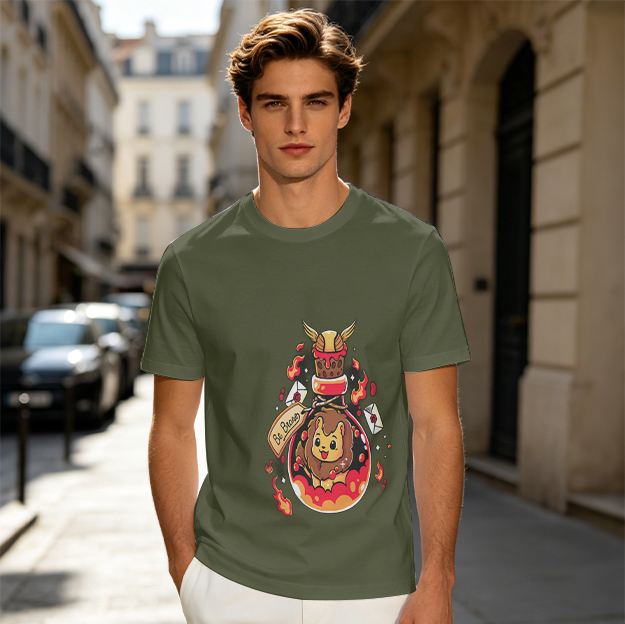 Olive T-Shirt With Cute Lion In Potion Bottle Graphic