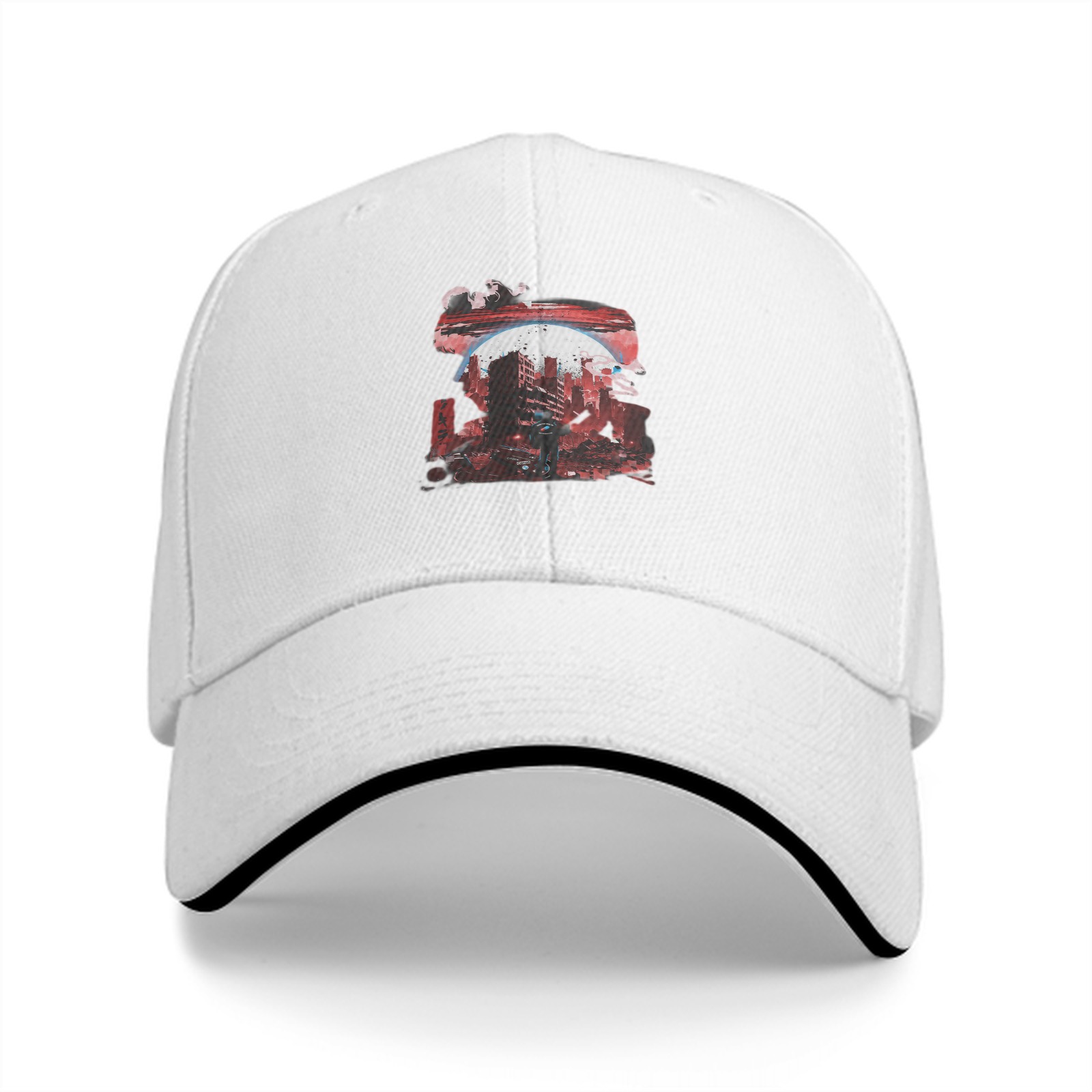 Black Baseball Cap with Abstract Red Cityscape Print