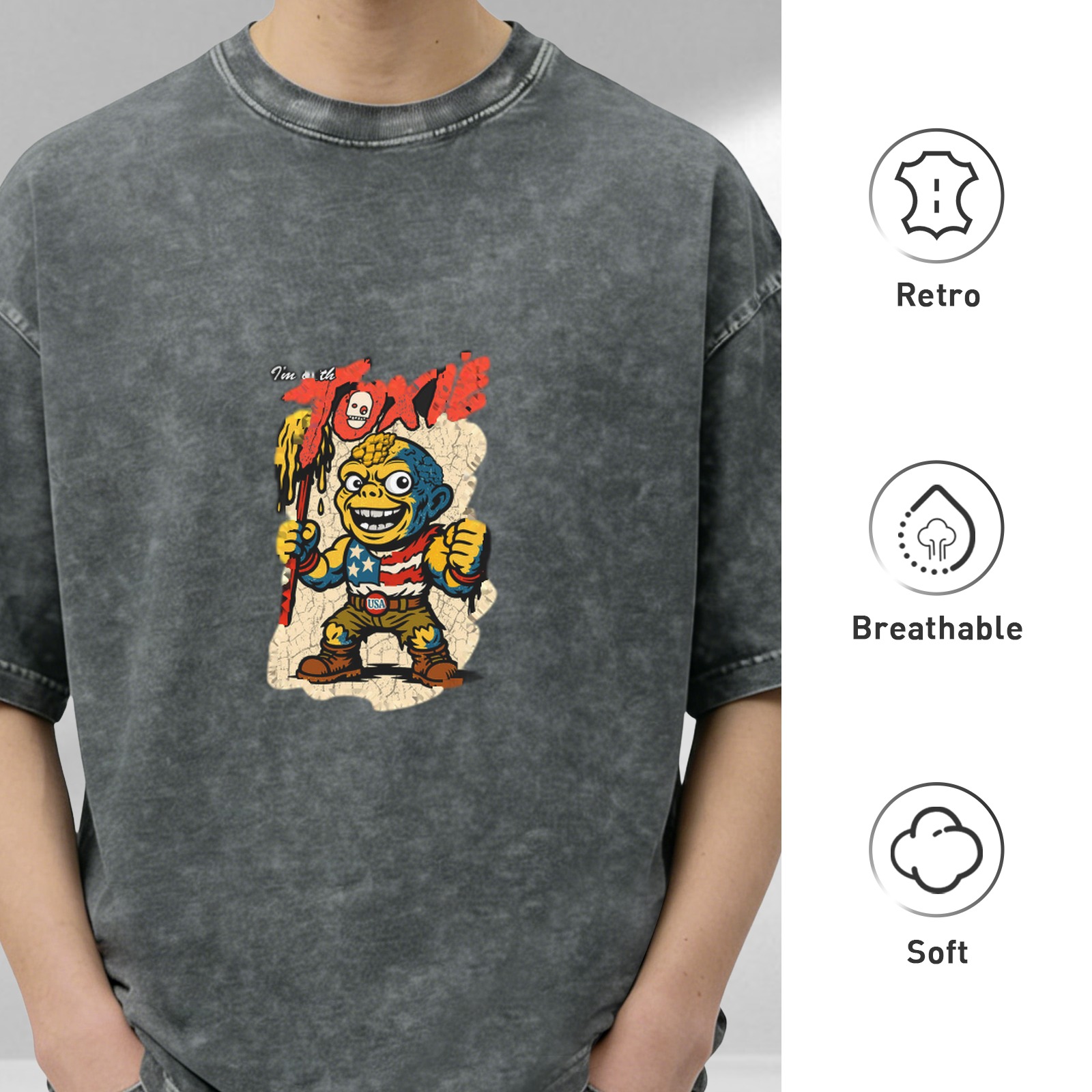 Washed Black T-Shirt with Toxic Cartoon Character Graphic