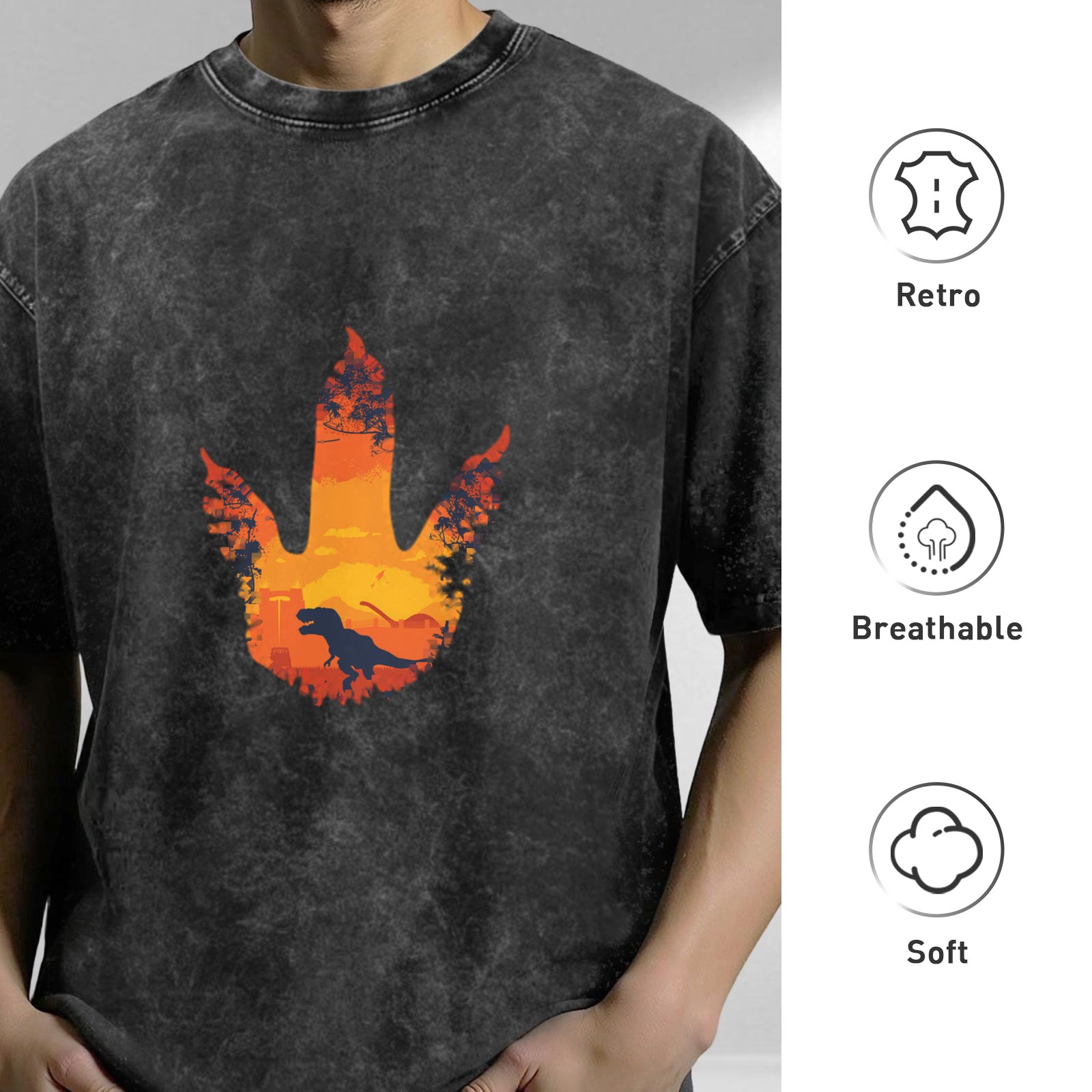 Washed Black Oversized T-Shirt with Dinosaur Footprint Sunset Graphic