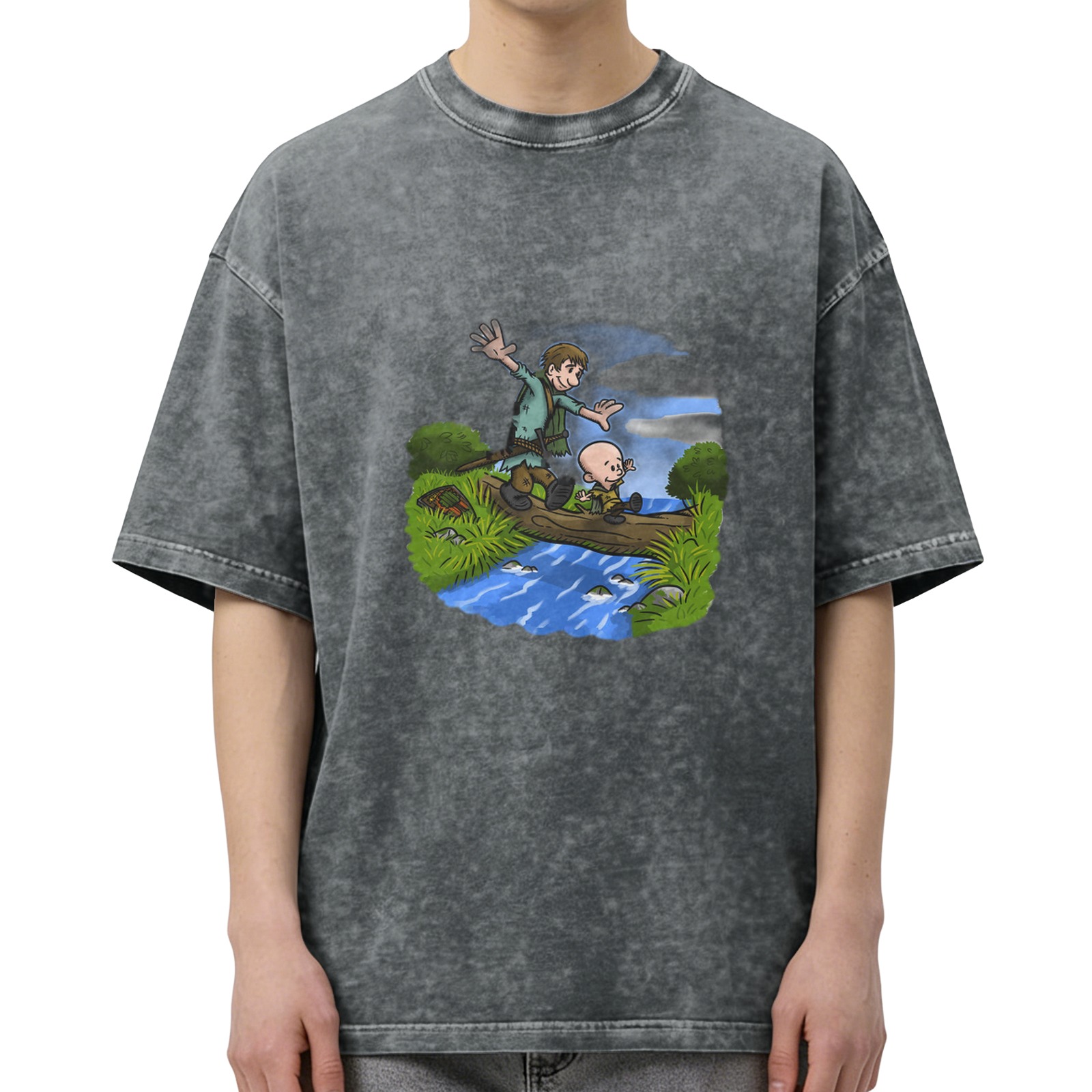 Washed Black T-Shirt With Cartoon Boys Crossing Stream Art