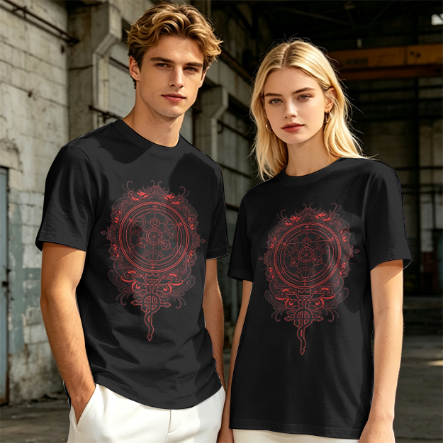 Olive T-Shirt With Red Occult Magic Circle Graphic