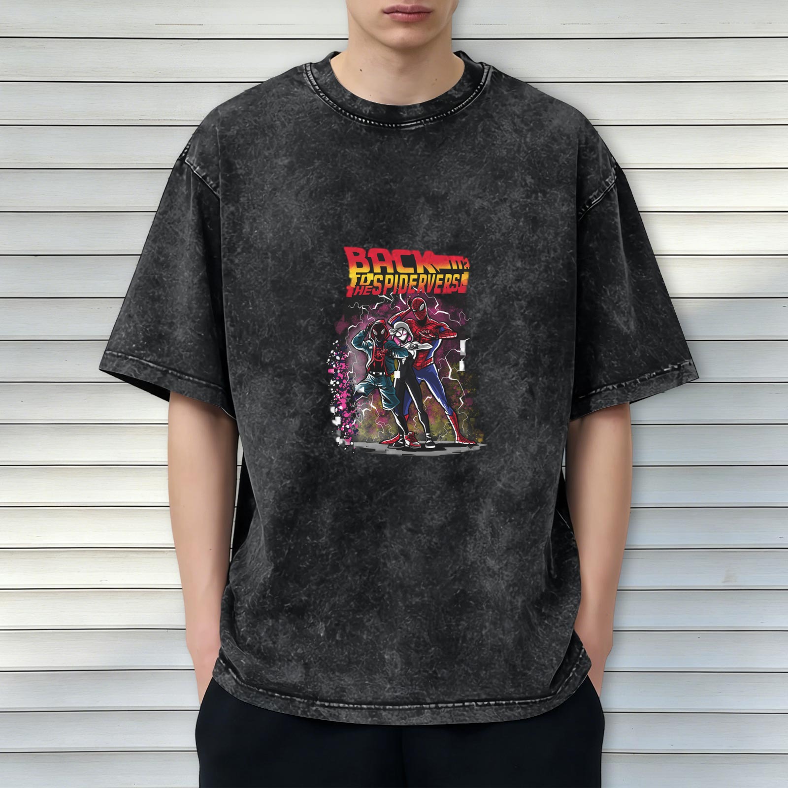 Distressed washed black short-sleeved T-shirt Spider-Man Parallel Universe themed print BACK TO THE SPIDERVERSE Loose casual top