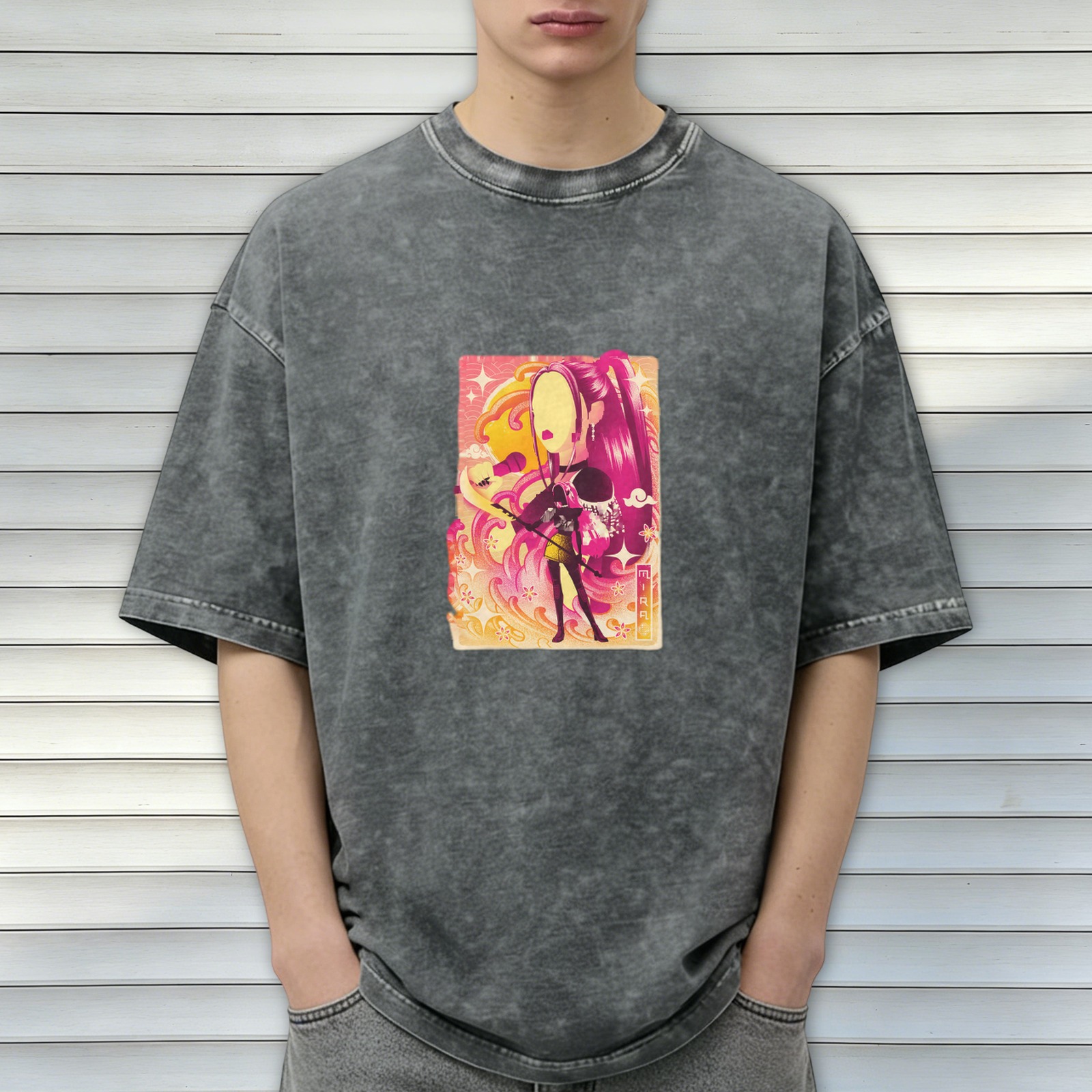 Oversized Acid Wash T-Shirt With Anime Style Graphic Print