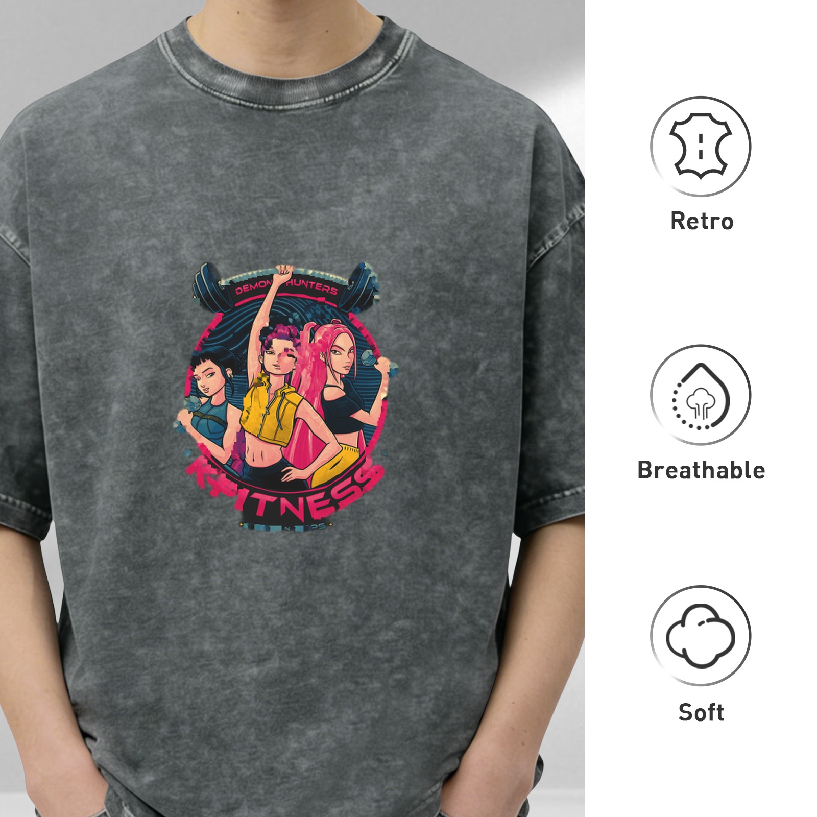 Washed Black Graphic T-Shirt with Anime Demon Hunters Fitness Design