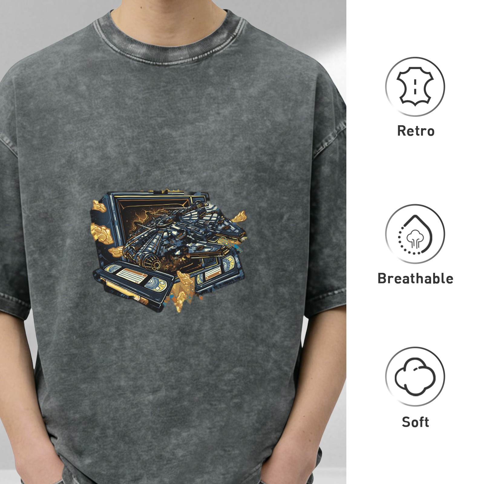 Oversized Acid Wash T-Shirt With Retro Cassette Tape Graphic Print