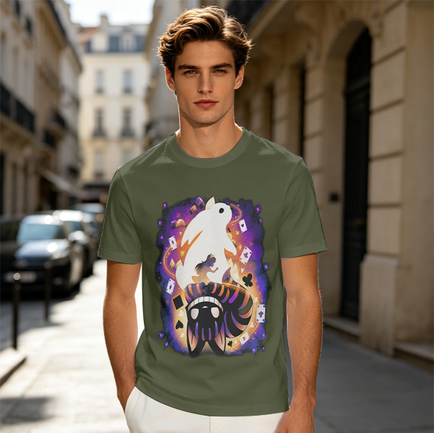 Olive T-Shirt With Magical Rabbit And Playing Card Print