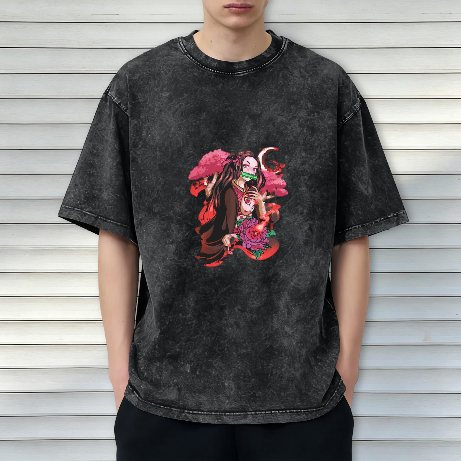 Anime Demon Slayer Nezuko Kamado Graphic Oversized Vintage Wash T-Shirt for Men