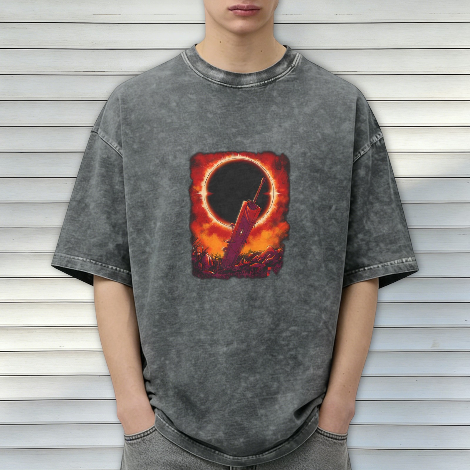 Distressed black loose short-sleeved T-shirt with solar eclipse sword pattern printed on the chest