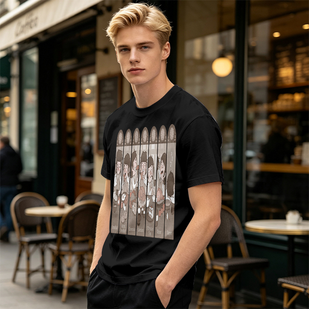 Olive green t-shirt with cartoon medieval feast scene print
