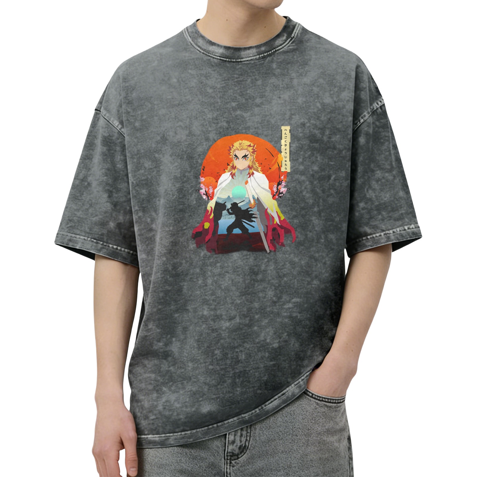 Demon Slayer Rengoku Anime Graphic Oversized Acid Wash T-Shirt