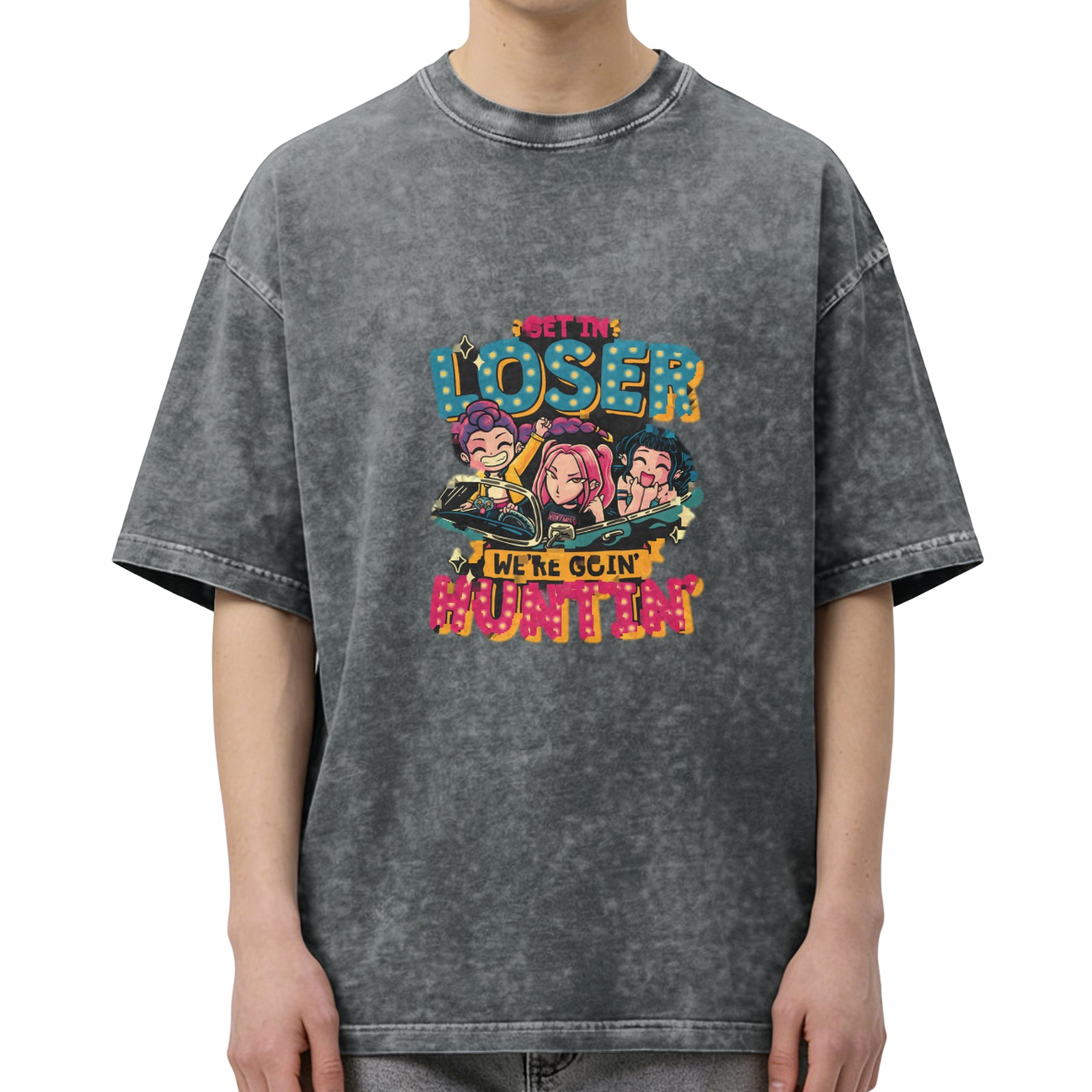 Washed black graphic t-shirt with get in loser we're goin huntin design