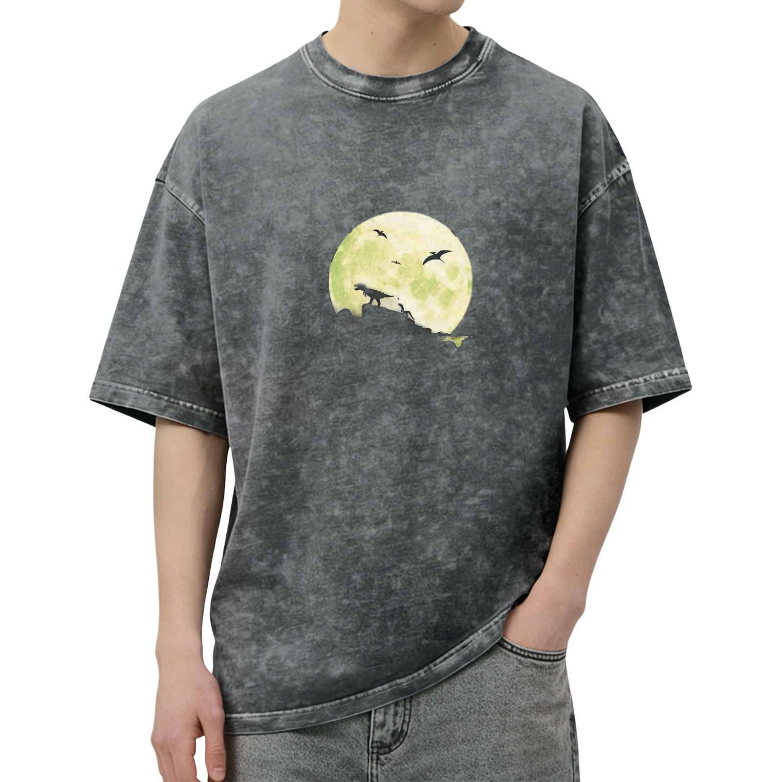 Vintage Acid Wash T-Shirt with Dinosaur Moon Silhouette Graphic