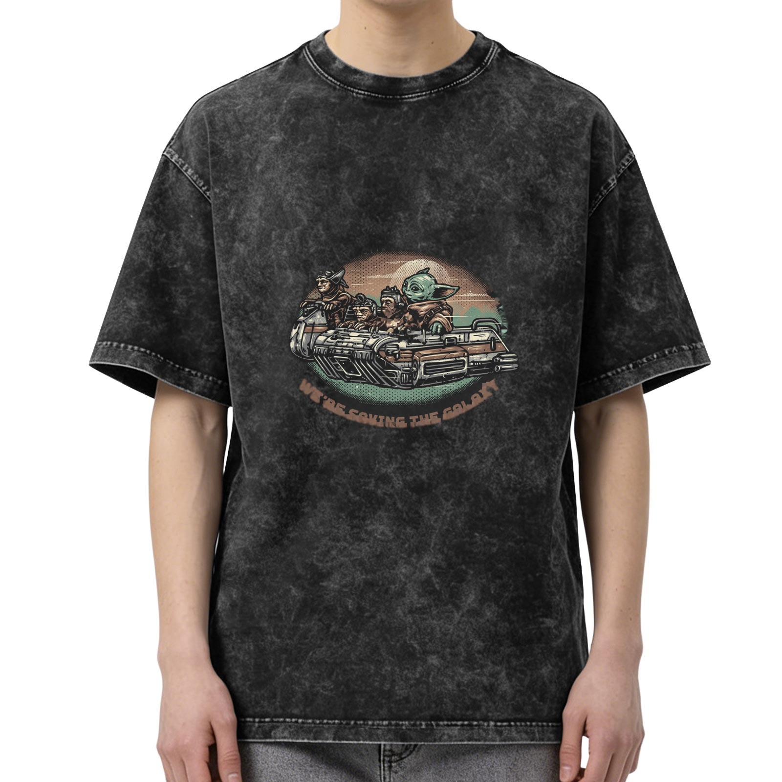 Star Wars Themed Acid Wash T-Shirt with 'We're Saving The Galaxy' Print