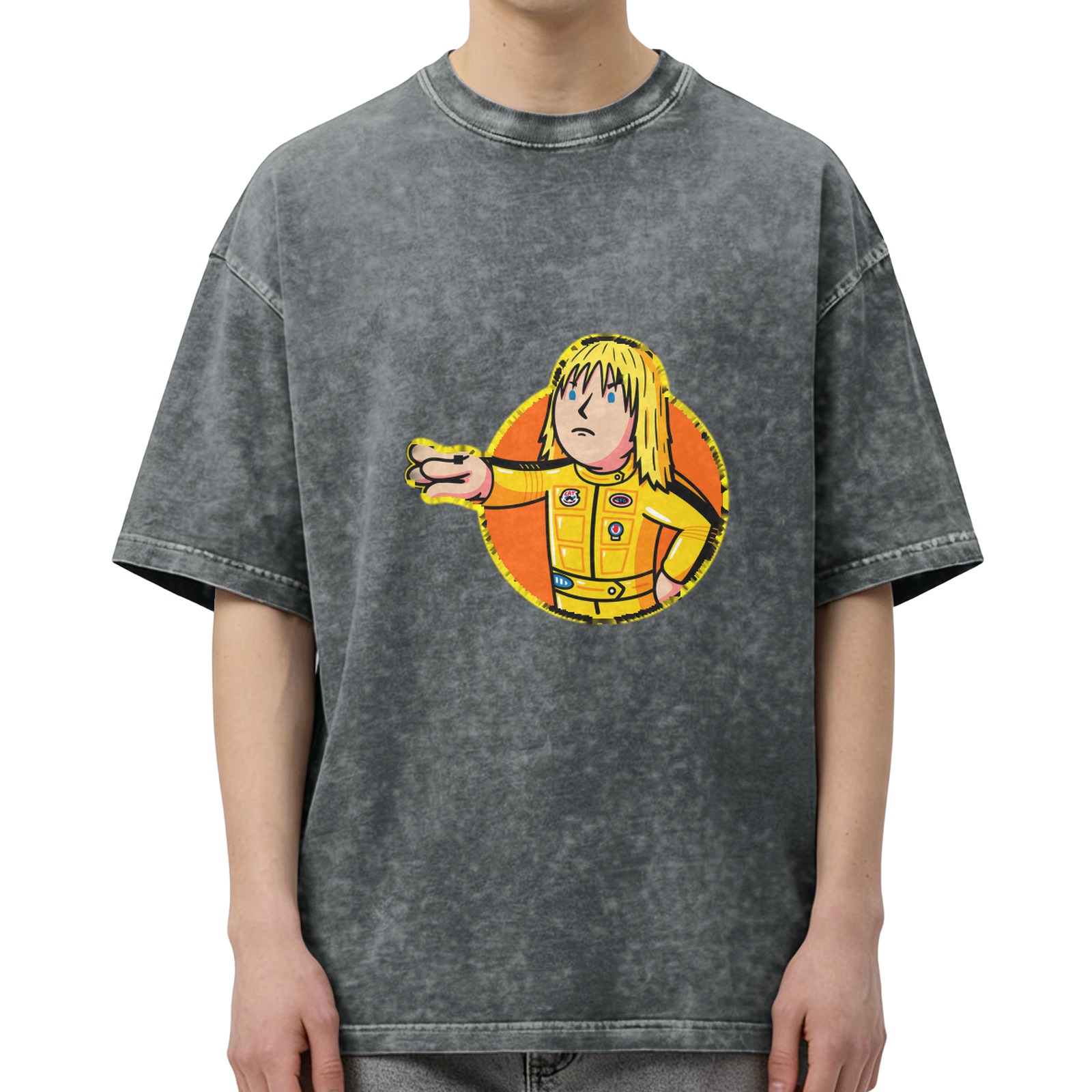 Oversized dark washed t-shirt with cartoon action figure graphic