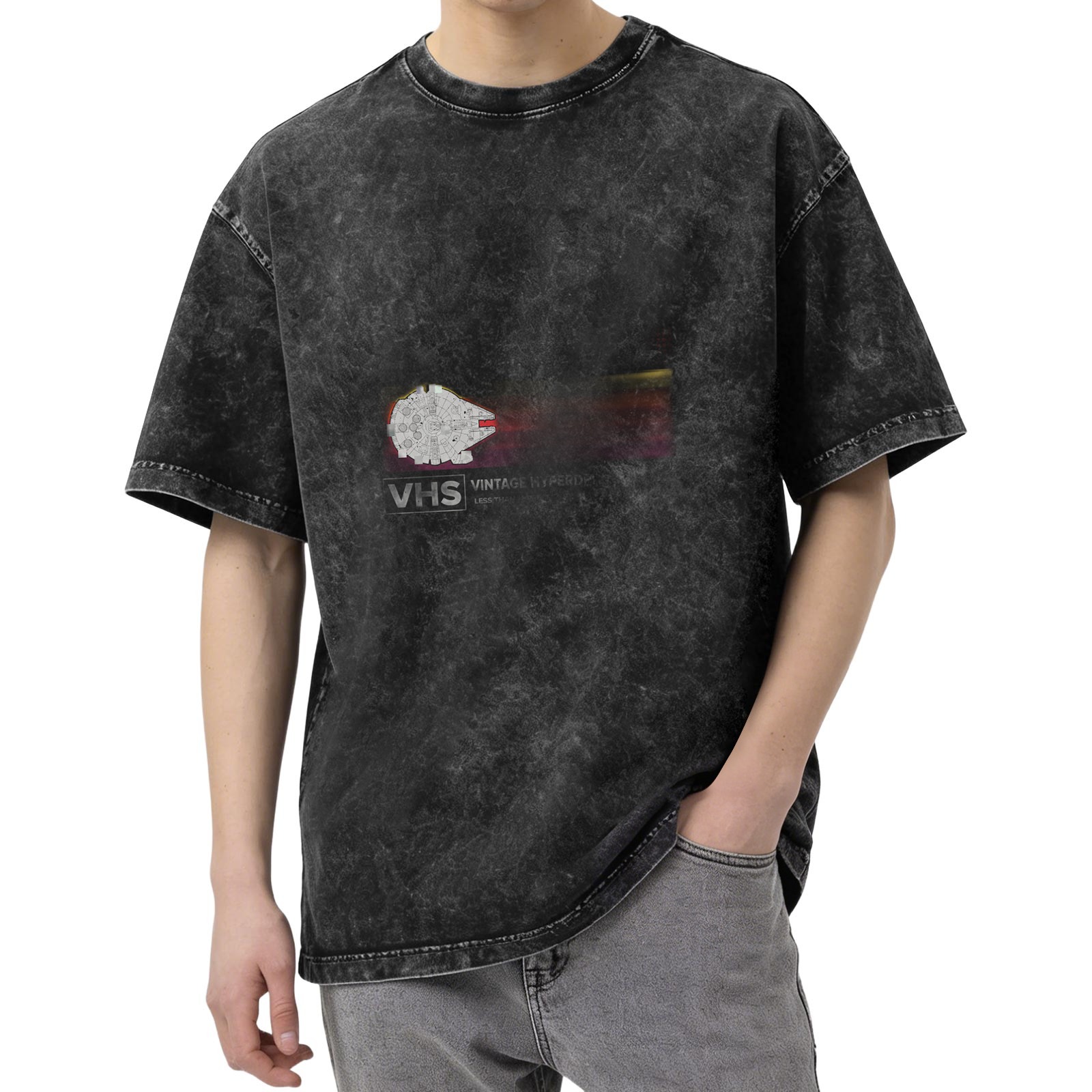 Vintage VHS Graphic Acid Wash Black Oversized T-Shirt
