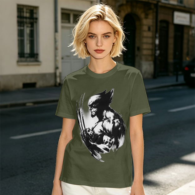 Olive T-shirt with Ink Style Wolverine Graphic Print
