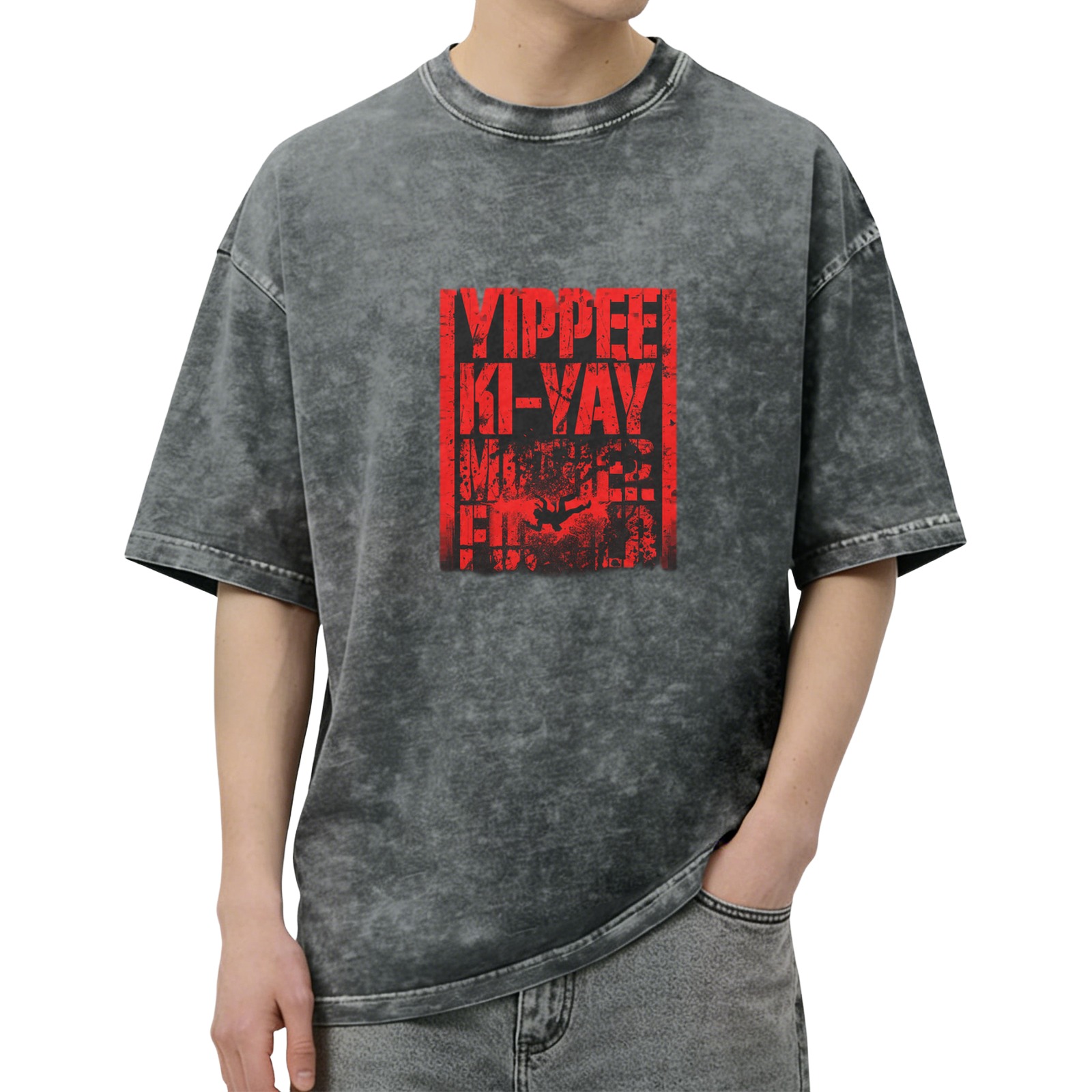 Distressed washed black short-sleeved T-shirt printed YIPPEE KI-YAY theme pattern casual loose style