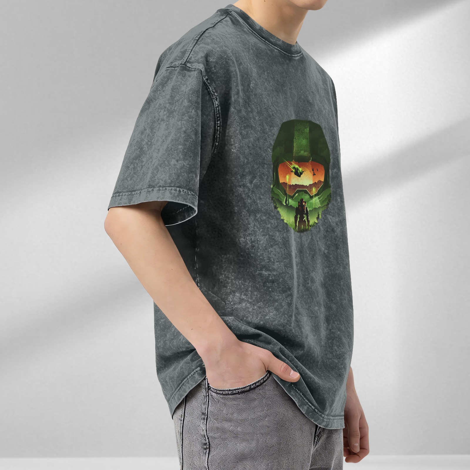 Halo Master Chief Helmet Silhouette Graphic Acid Wash T-Shirt
