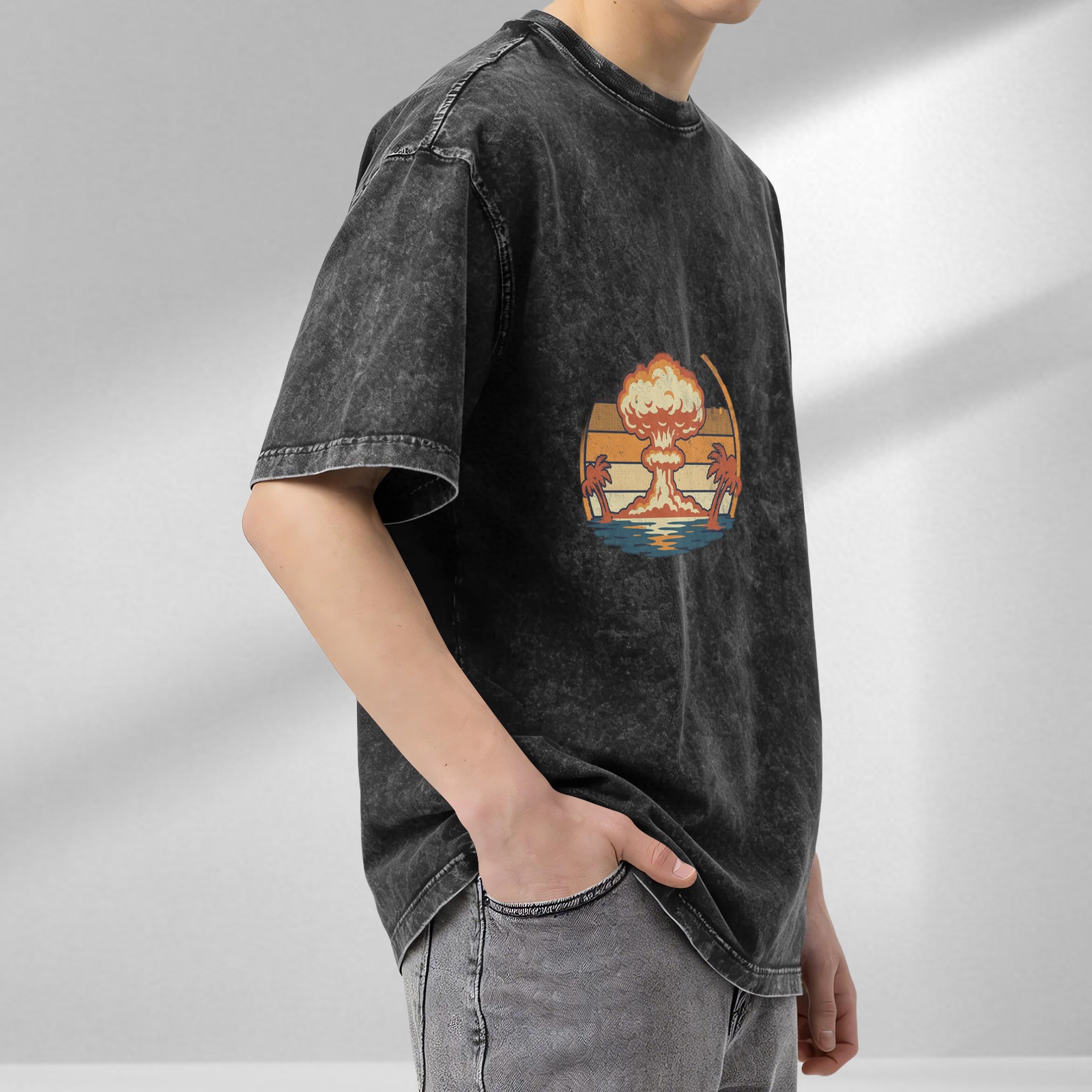 Vintage Acid-Wash Black Oversized T-Shirt with Retro Nuclear Explosion & Palm Tree Sunset Graphic Print
