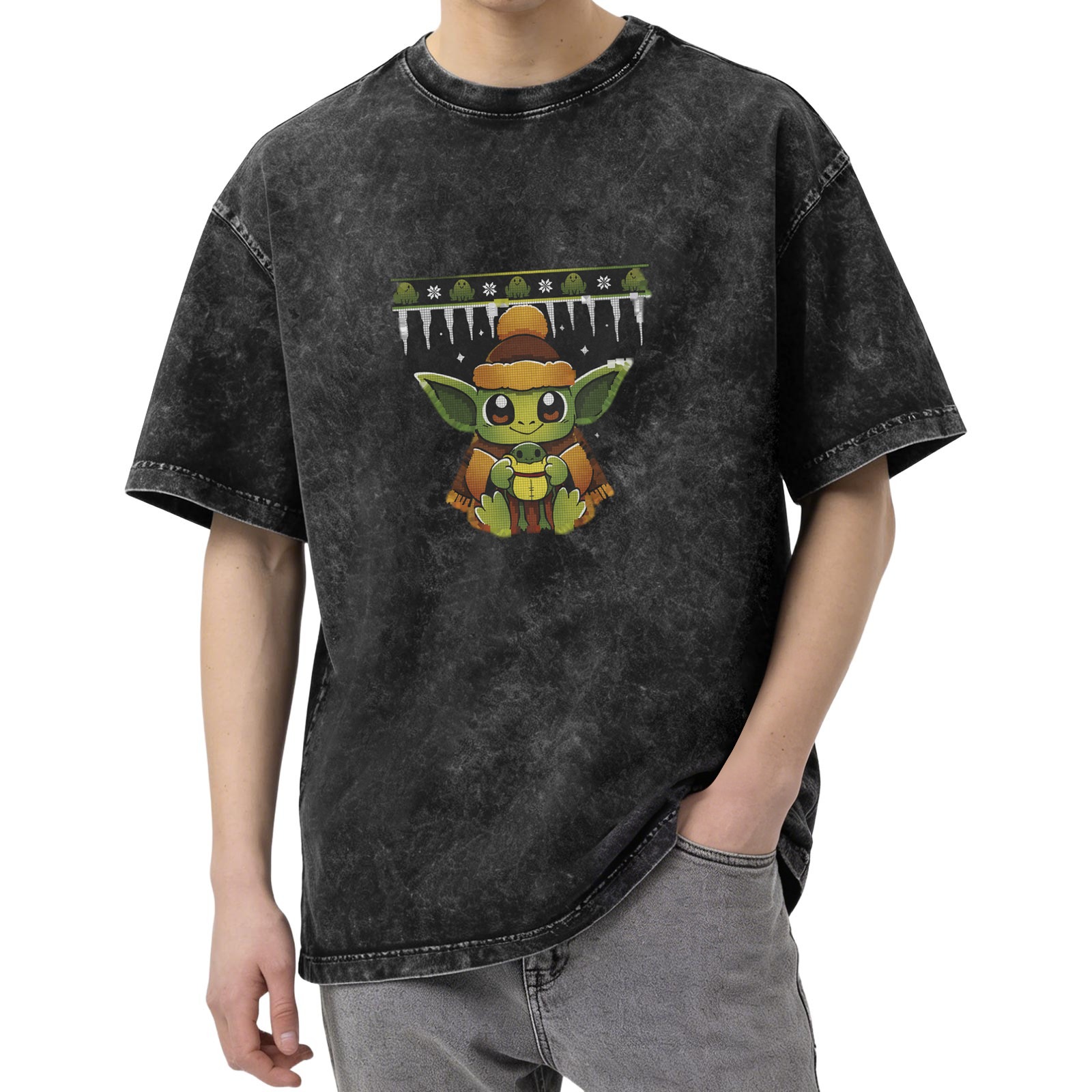 Washed black t-shirt with cute Baby Yoda holiday frog graphic