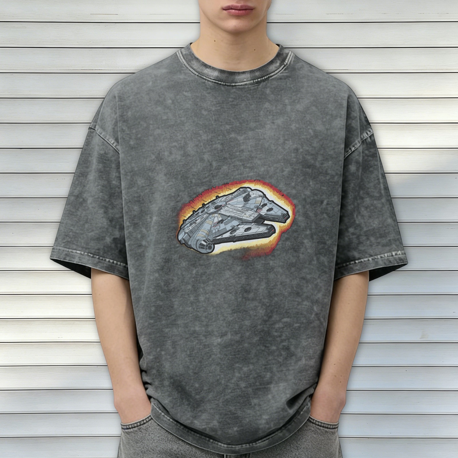 Oversized Acid Wash T-Shirt with Millennium Falcon Graphic
