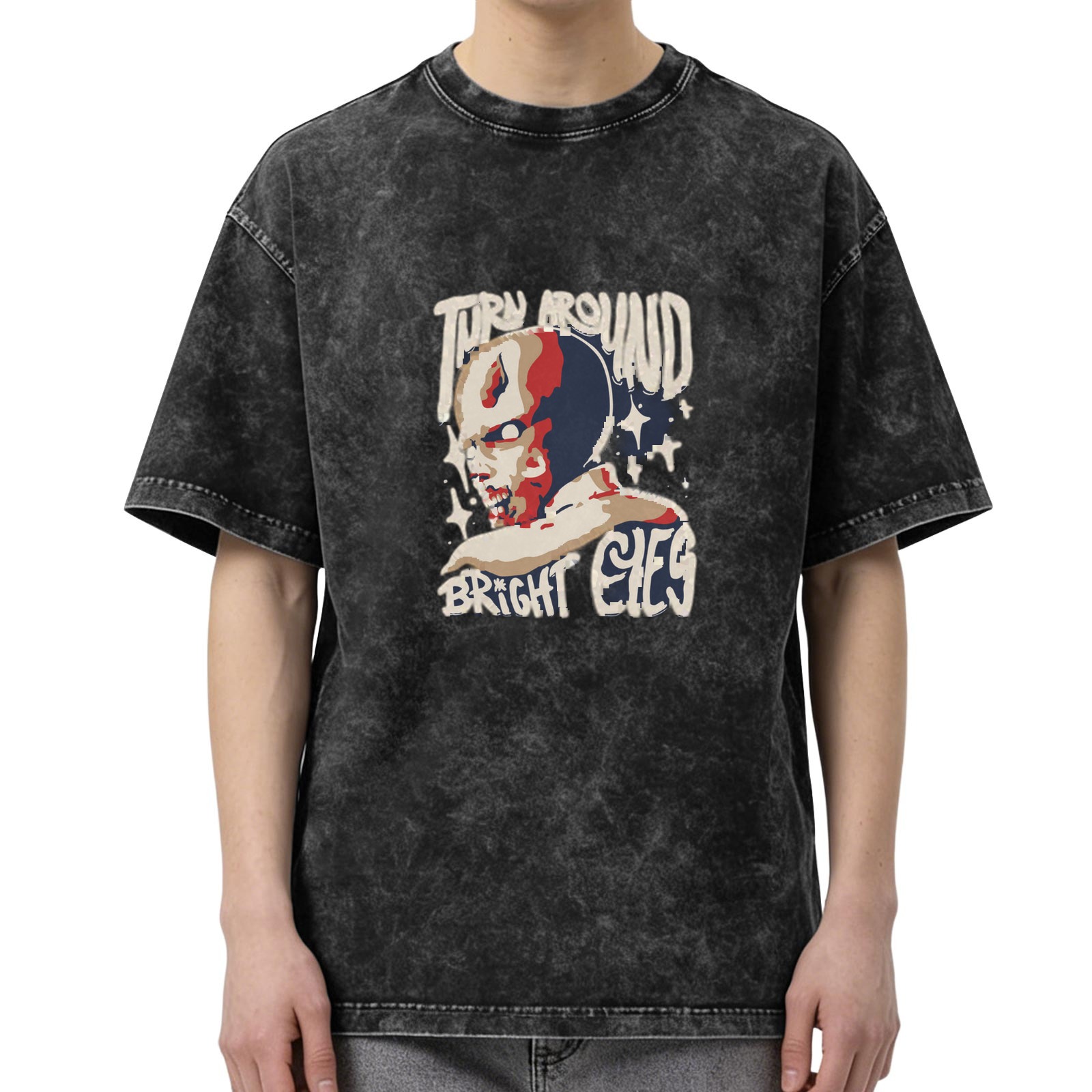 Washed black graphic t-shirt with Turn Around Bright Eyes alien design