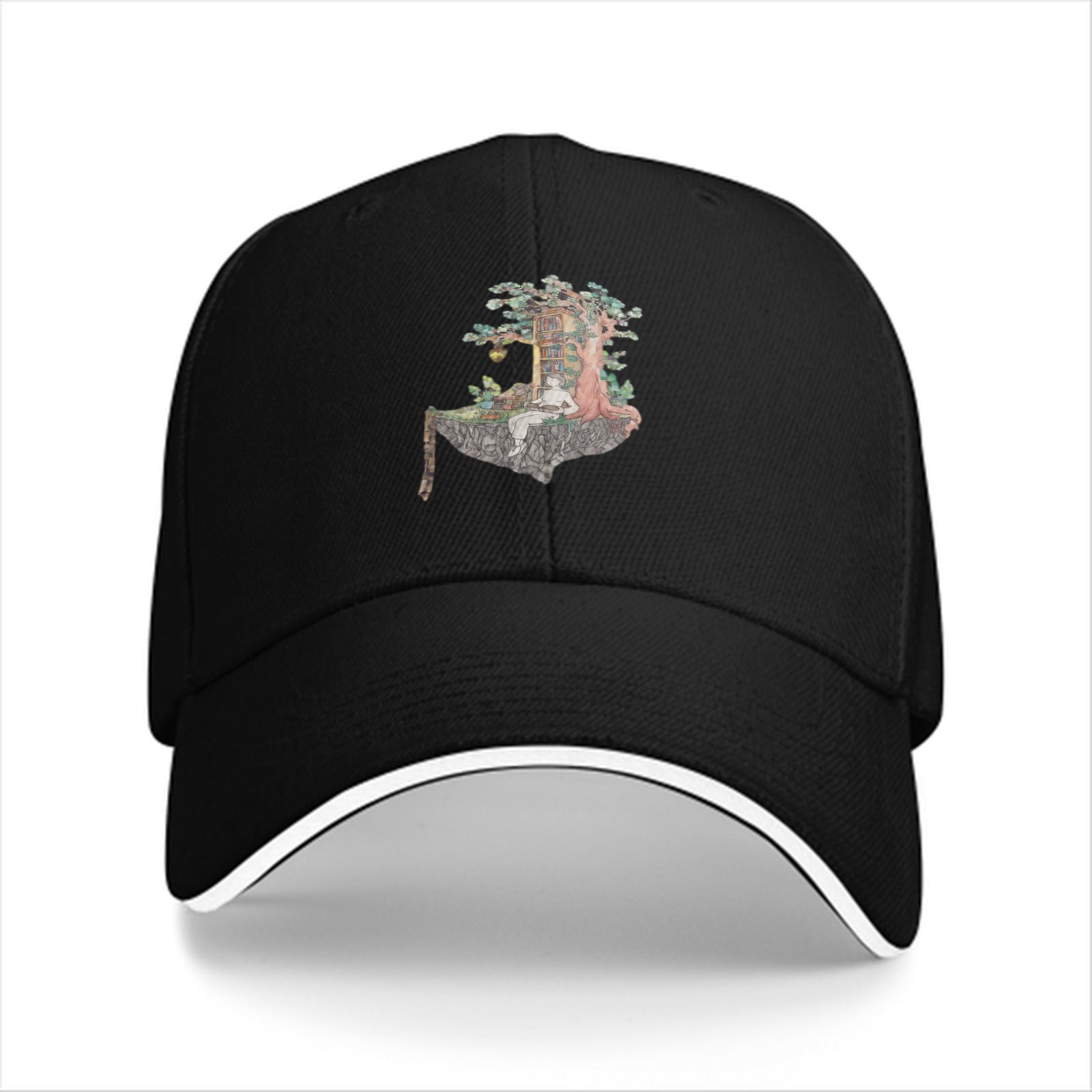 Black Baseball Cap With Whimsical Floating Island Treehouse Art