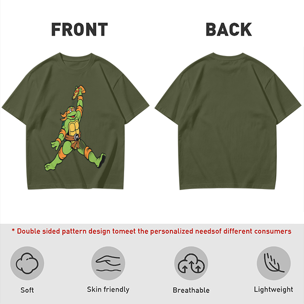 Olive T-Shirt with Michelangelo Ninja Turtle Holding Pizza Print