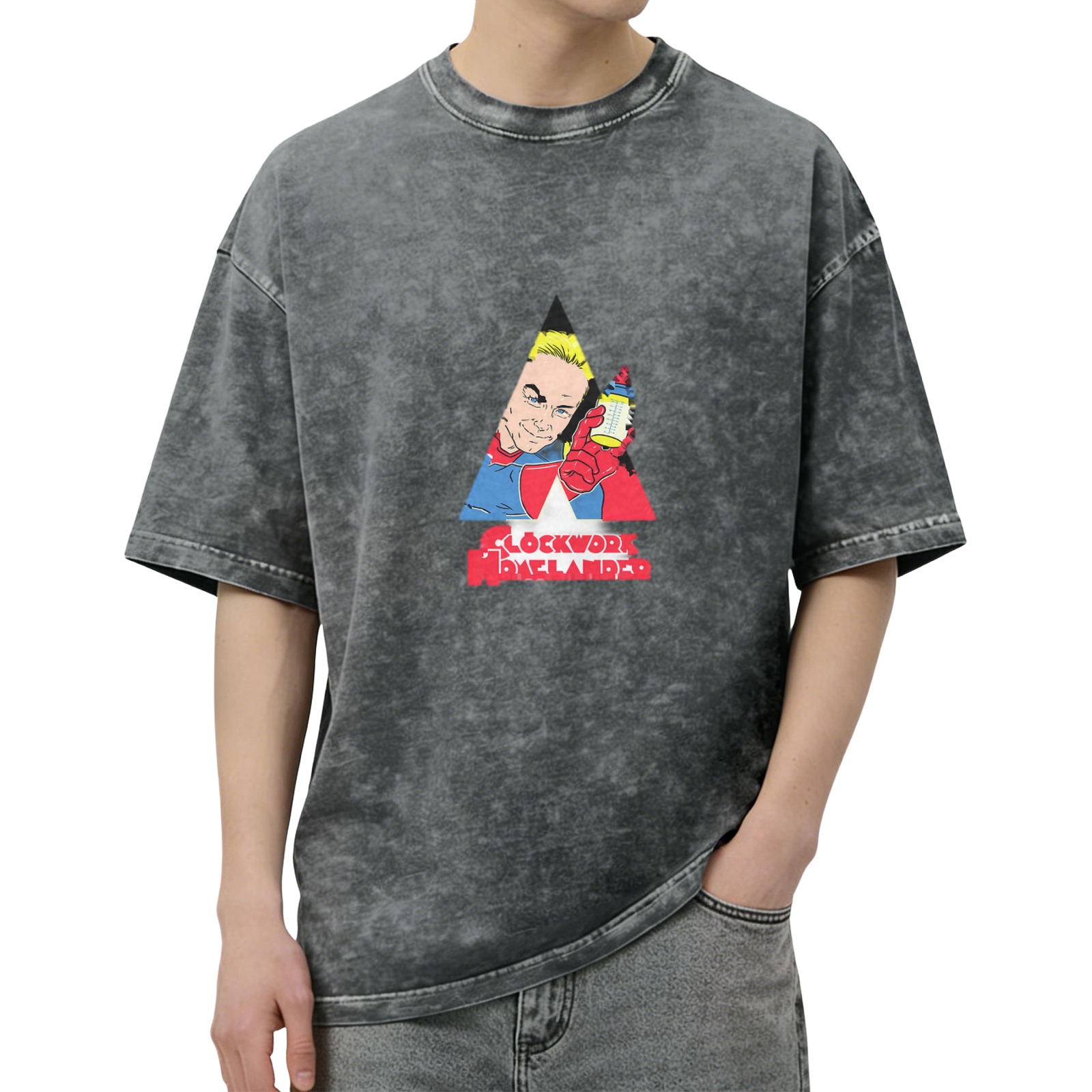 Oversized acid wash t-shirt with Clockwork Homelander graphic print