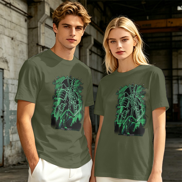 Olive Green T-Shirt With Neon Samurai Warrior Graphic