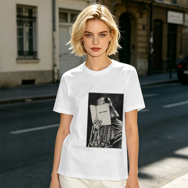 Olive T-shirt with Darth Vader reading a book graphic