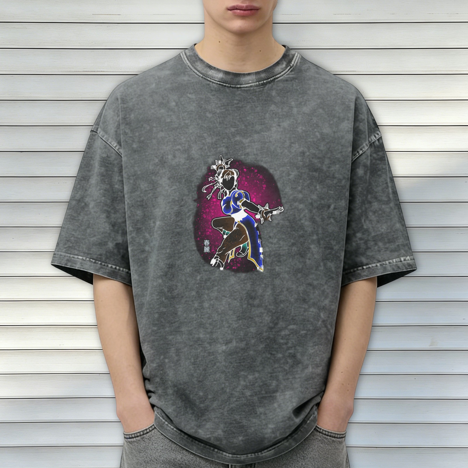 Oversized Acid Wash T-Shirt With Chun-Li Graphic Print
