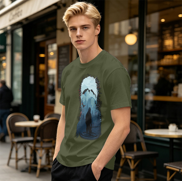 Olive T-Shirt With Dark Fantasy Silhouette And Dragon Print