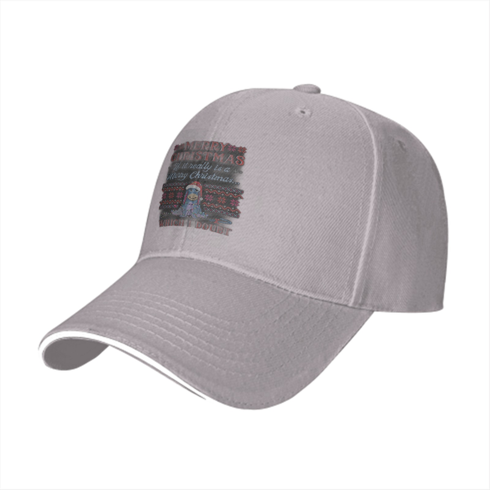 Black baseball cap with skeptical Eeyore Christmas print