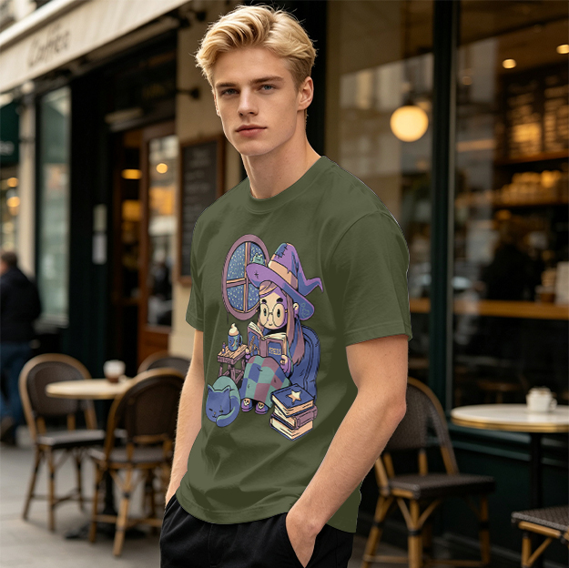 Olive t-shirt with cozy reading witch and cat graphic