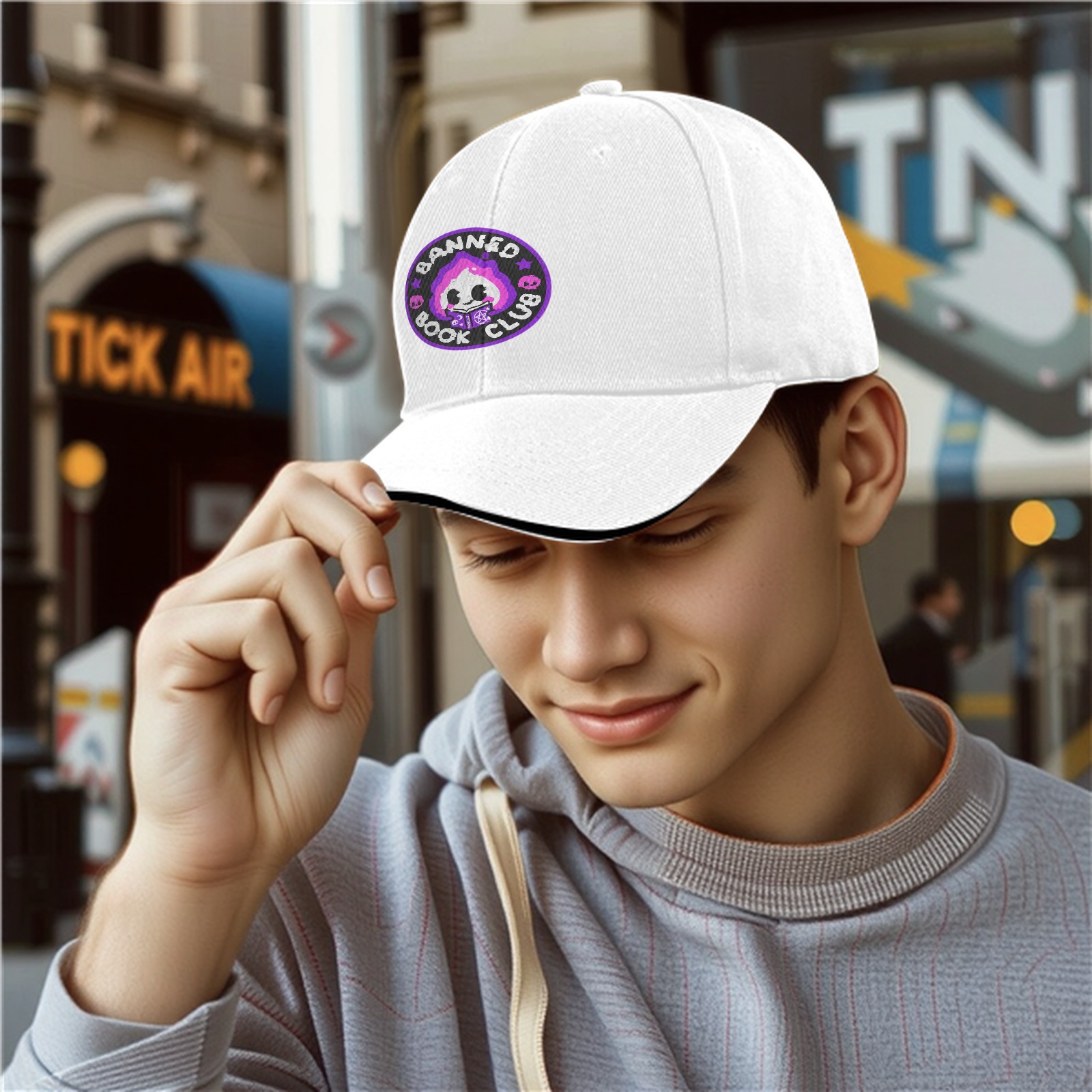 Black baseball cap with Banned Book Club graphic design