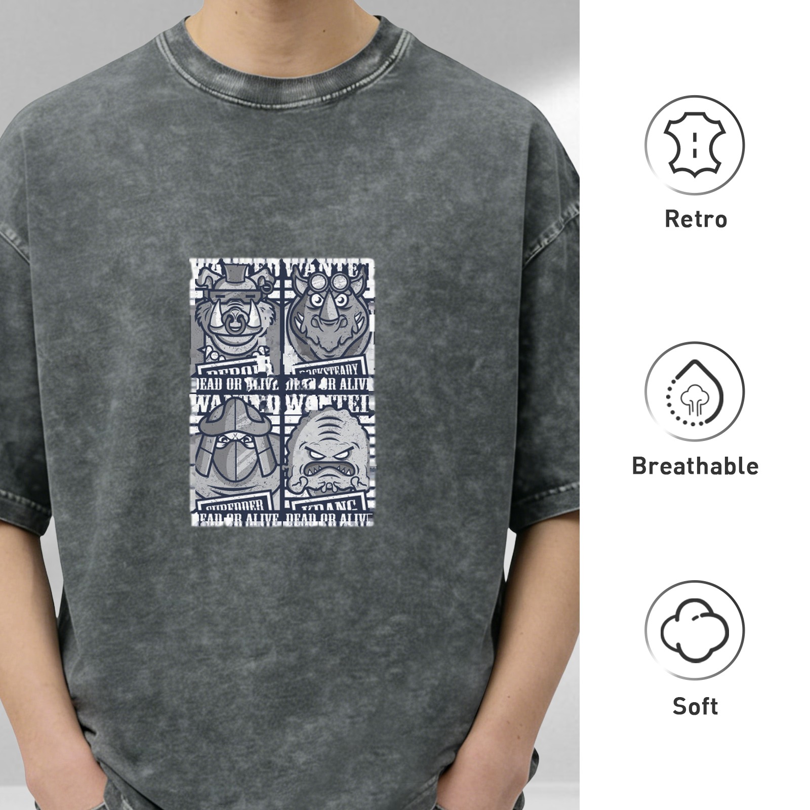 Wanted Themed Oversized Stonewashed T-Shirt With Cartoon Characters