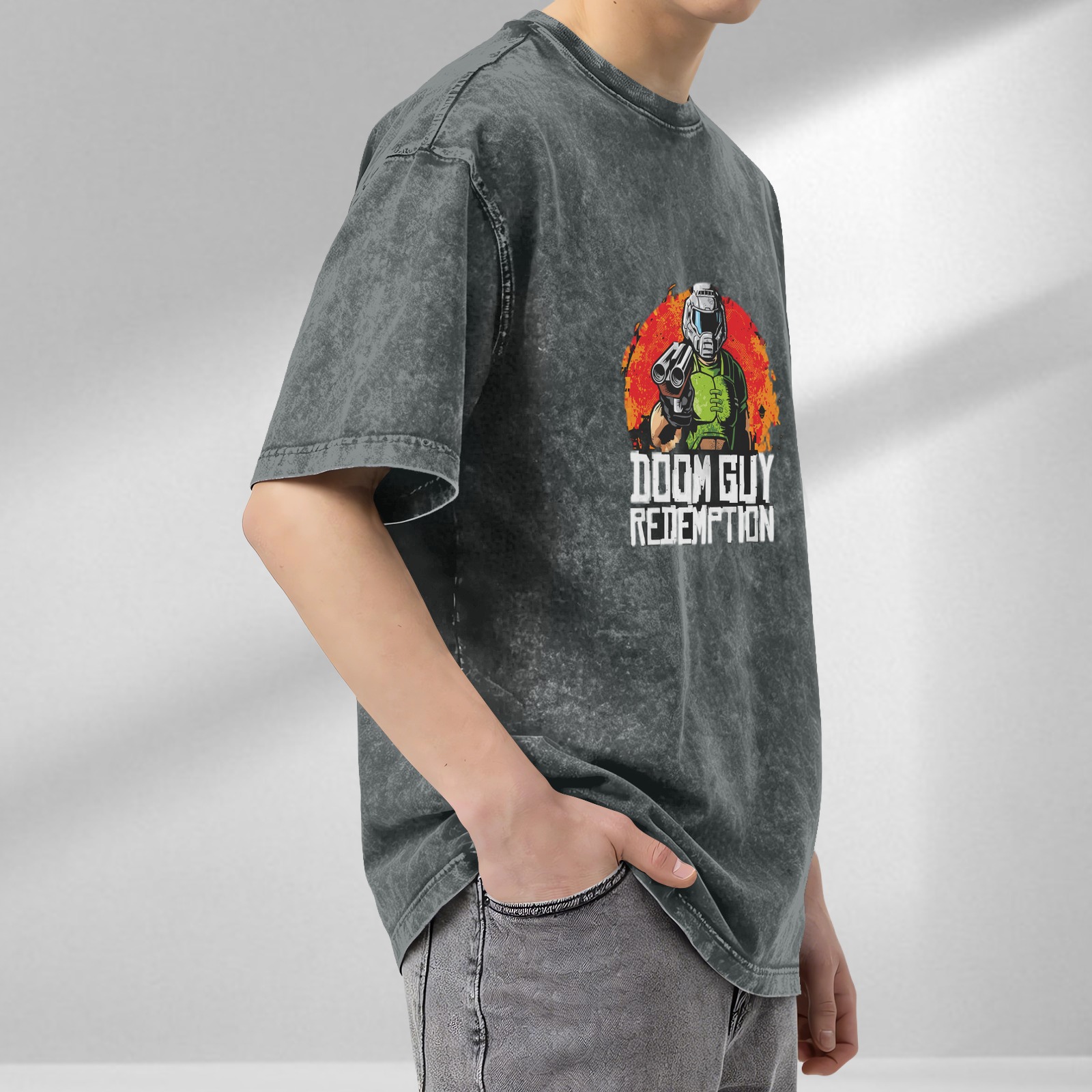 Doom Guy Redemption Graphic Acid Wash Black T-Shirt