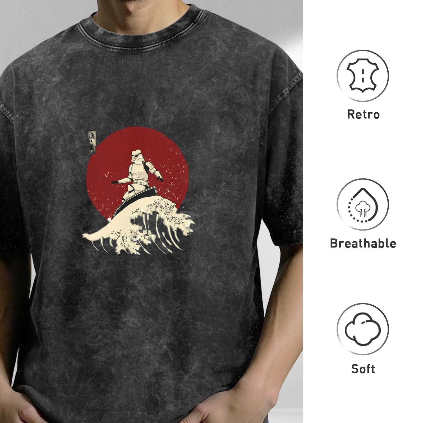 Oversized Stone-Washed Black T-Shirt with Surfer Stormtrooper & Great Wave Graphic Print