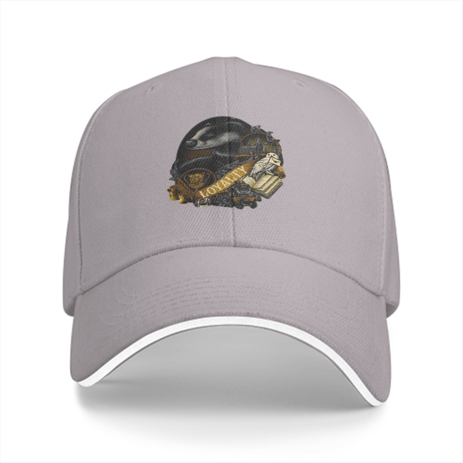 Black baseball cap with Hufflepuff loyalty badger crest print