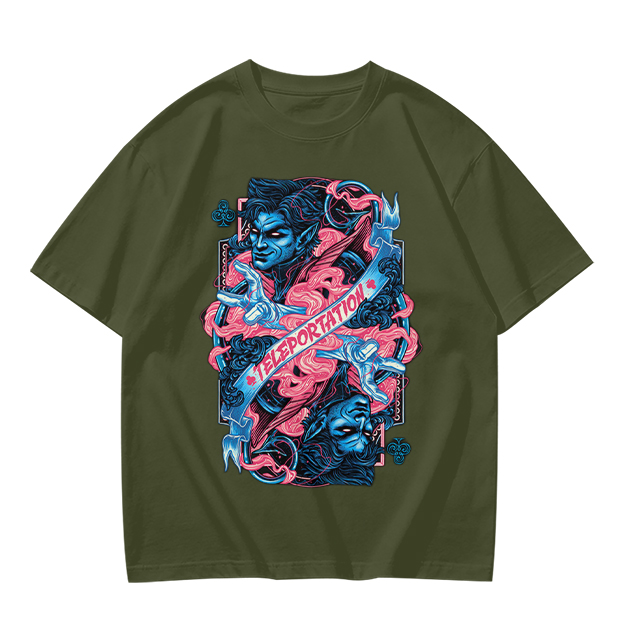 Olive Graphic Tee With Teleportation Demon Artwork