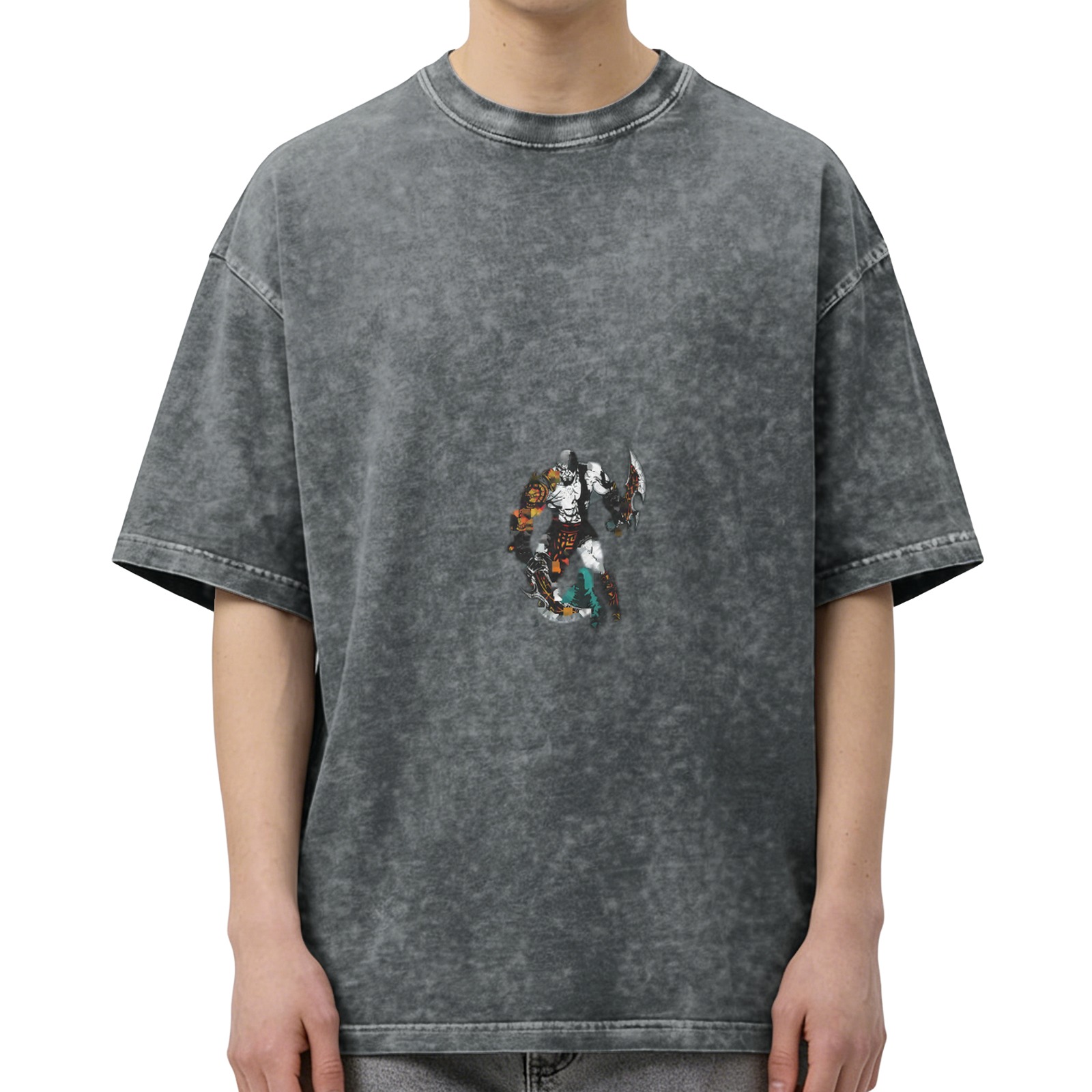 Oversized Acid Wash T-Shirt With Warrior Graphic Print