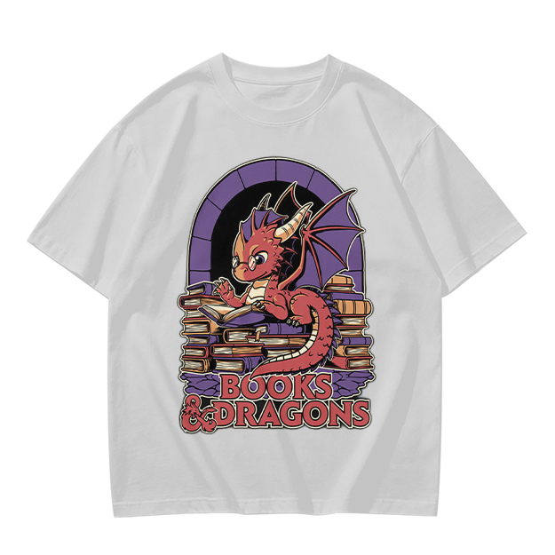 Olive t-shirt with cute red dragon reading books graphic